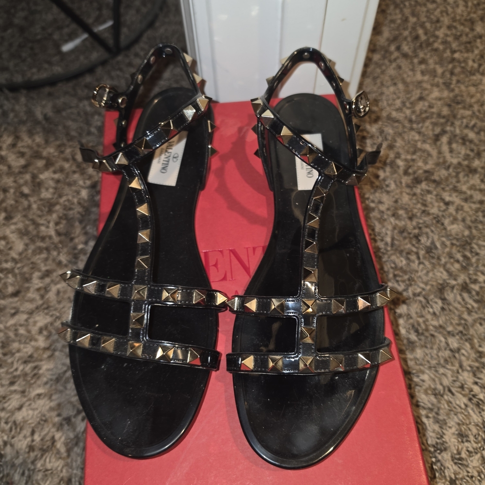 Valentino Black Patent Rockstud T-Strap Sandals